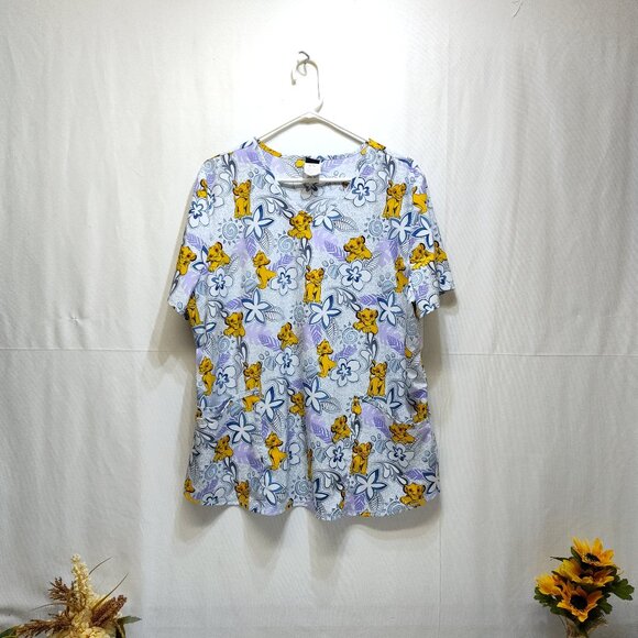 Scrubstar Disney Lion King V-Neck Print Scrub Top XL Simba & Floral Pattern NWOT - Picture 1 of 5
